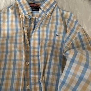 Vineyard Vines Men's Blue and Tan Plaid Shirt